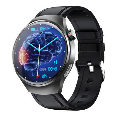 Smartwatch 1.55 Inch Screen with SOS Call Fall Detection and ECG Body Monitoring Sports Activity Tracker Black leather strap