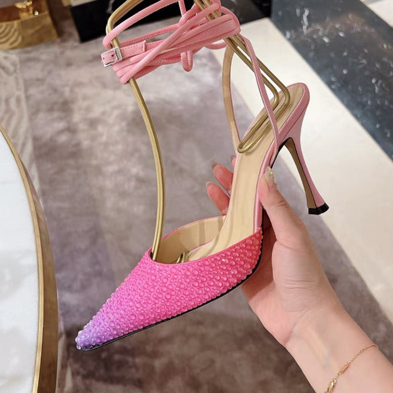Rhinestone Wrapped Sandals Women 2024 Summer New Silk Fine Heel Pointy Strap High Heels