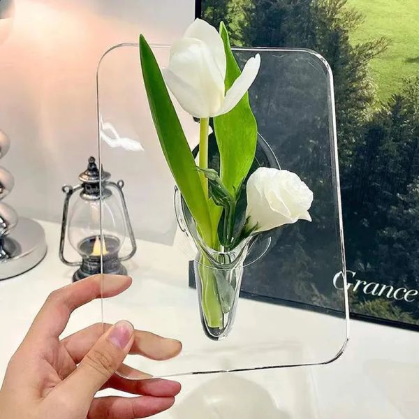 Modern Rectangle Flower Vase Ins Clear Acrylic Po Frame Vase Living Room Office Vase Flower Holder Desktop Home