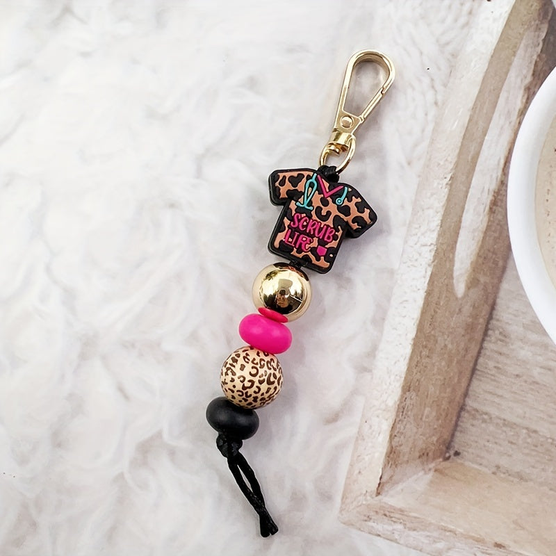 TEMU Chic Leopard Print Silicone Nurse Uniform Keychain - Beaded Charm Accessory, Perfect Gift For Staff, Day, Pendant