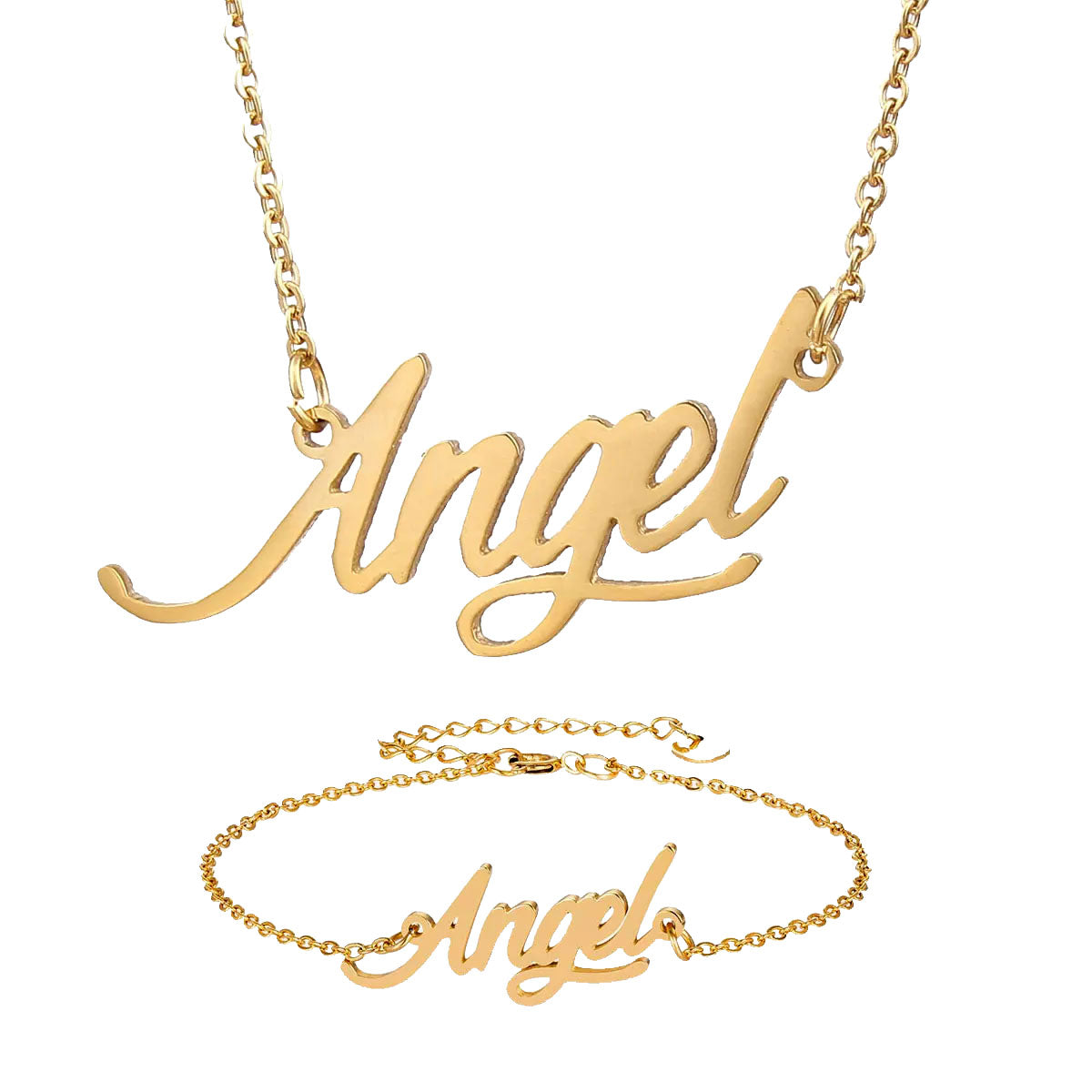 Name Angel Charms for Women Stainless Steel 18k Real Gold Plated Name Necklace & Bracelet Set (Anklet) Gold Choker Chain Necklace Pendant Nameplate