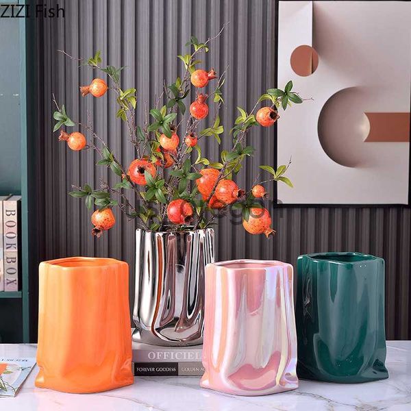 Vases Pleated Texture Ceramic Vase Gold Plated Potted Plants Desk Decoration Flowers Pots Decorative Flower Arrangement Floral Vases x0630