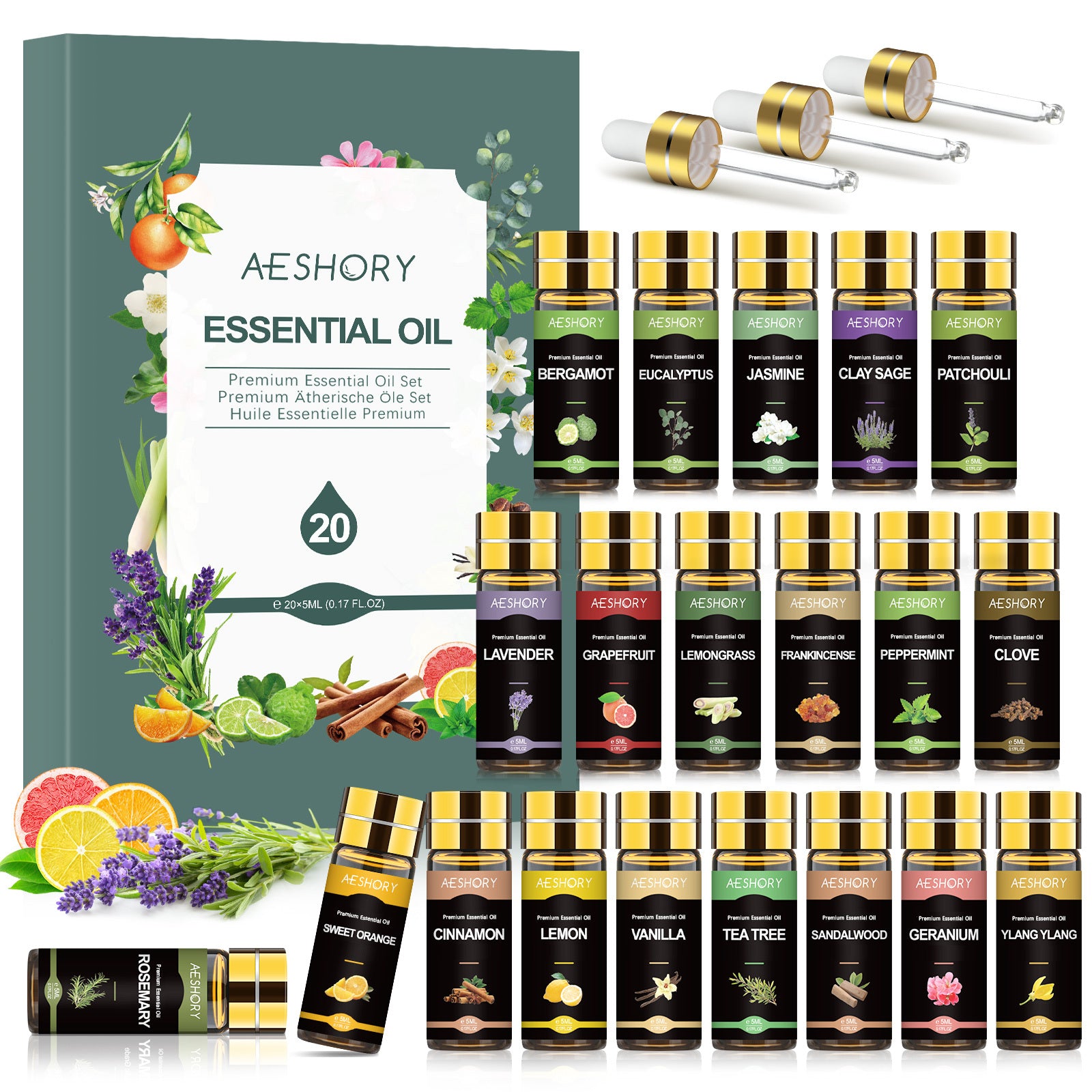 TEMU Essential Oils Set - 20x5ml Essential Oil Kit For Diffuser, Aromatherapy, Humidifier, Candle Making, Car - Lavender, Peppermint, Rosemary