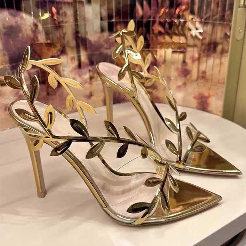Gold High Heels Women 2024 Summer New Metal Patent Leather Leaf Thin Heel Pointed Open Toe SandalsXJ250116