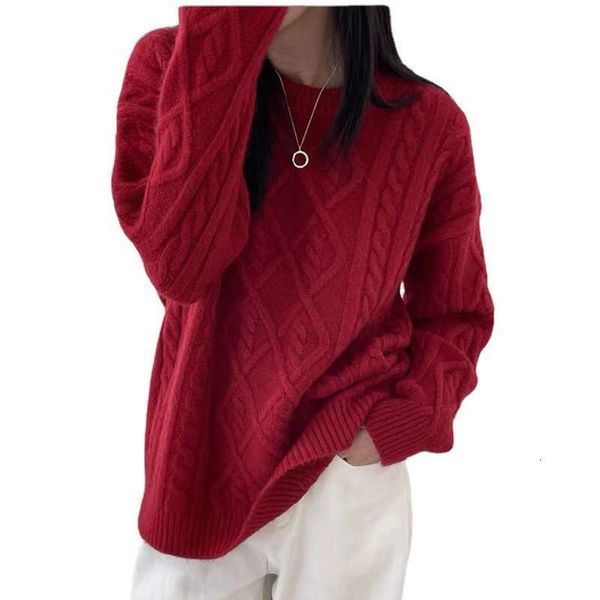 Autumn new gentle spring winter soft waxy knitting milk blue round neck Fried Dough Twists loose lazy style pullover sweater