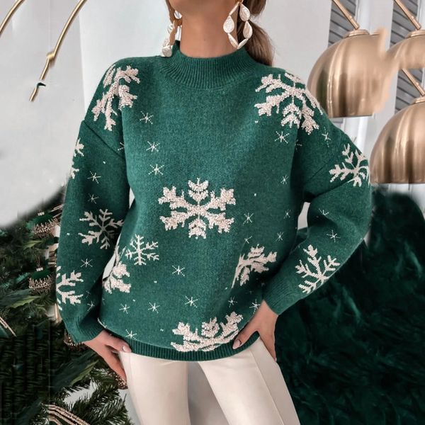 Christmas sweater womens snowflake print warm thick skydiving casual loose knitted long sleeved womens zipper top 241025