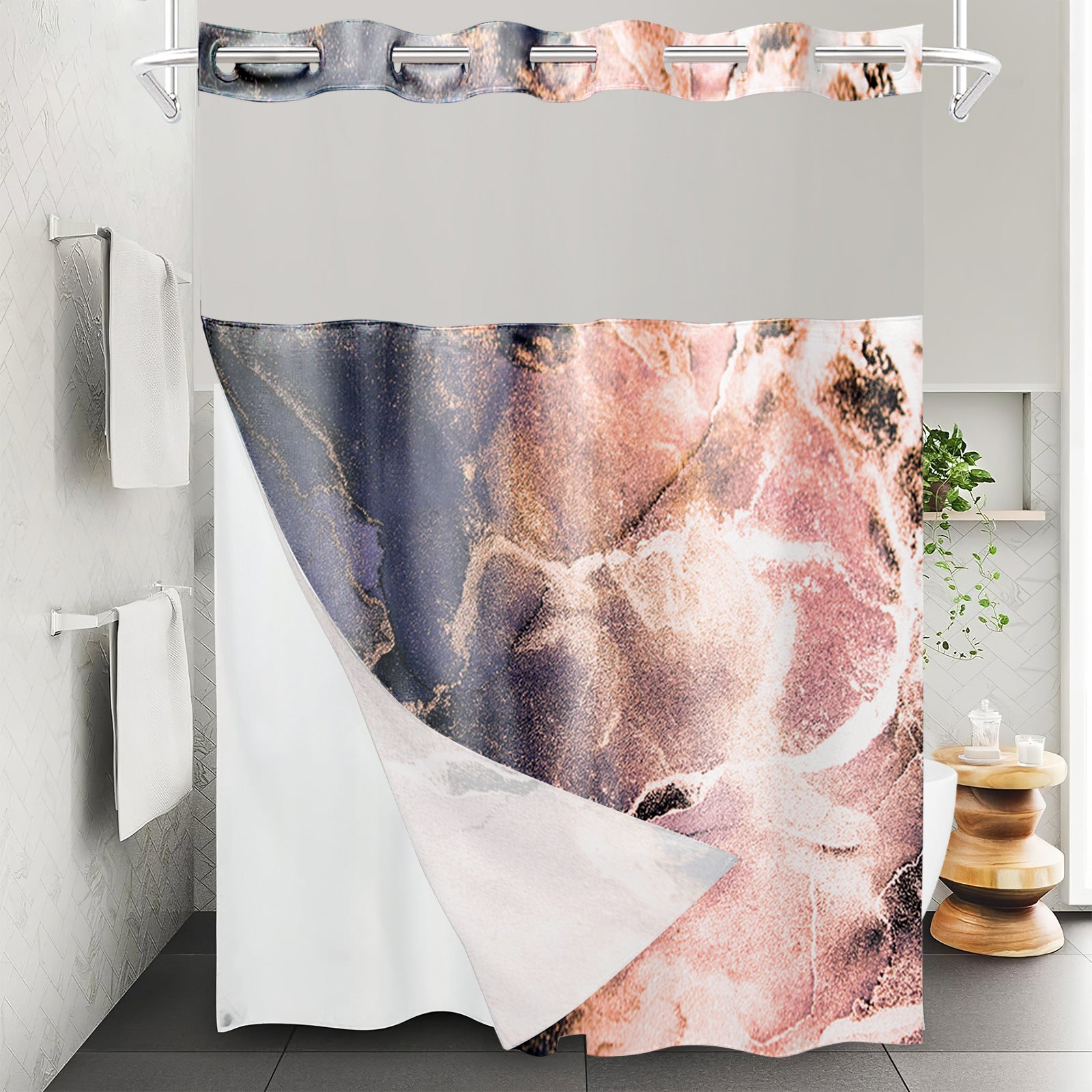 YL-37537 waterproof polyester digital printed marble pattern shower curtain bathroom double layer shower curtain