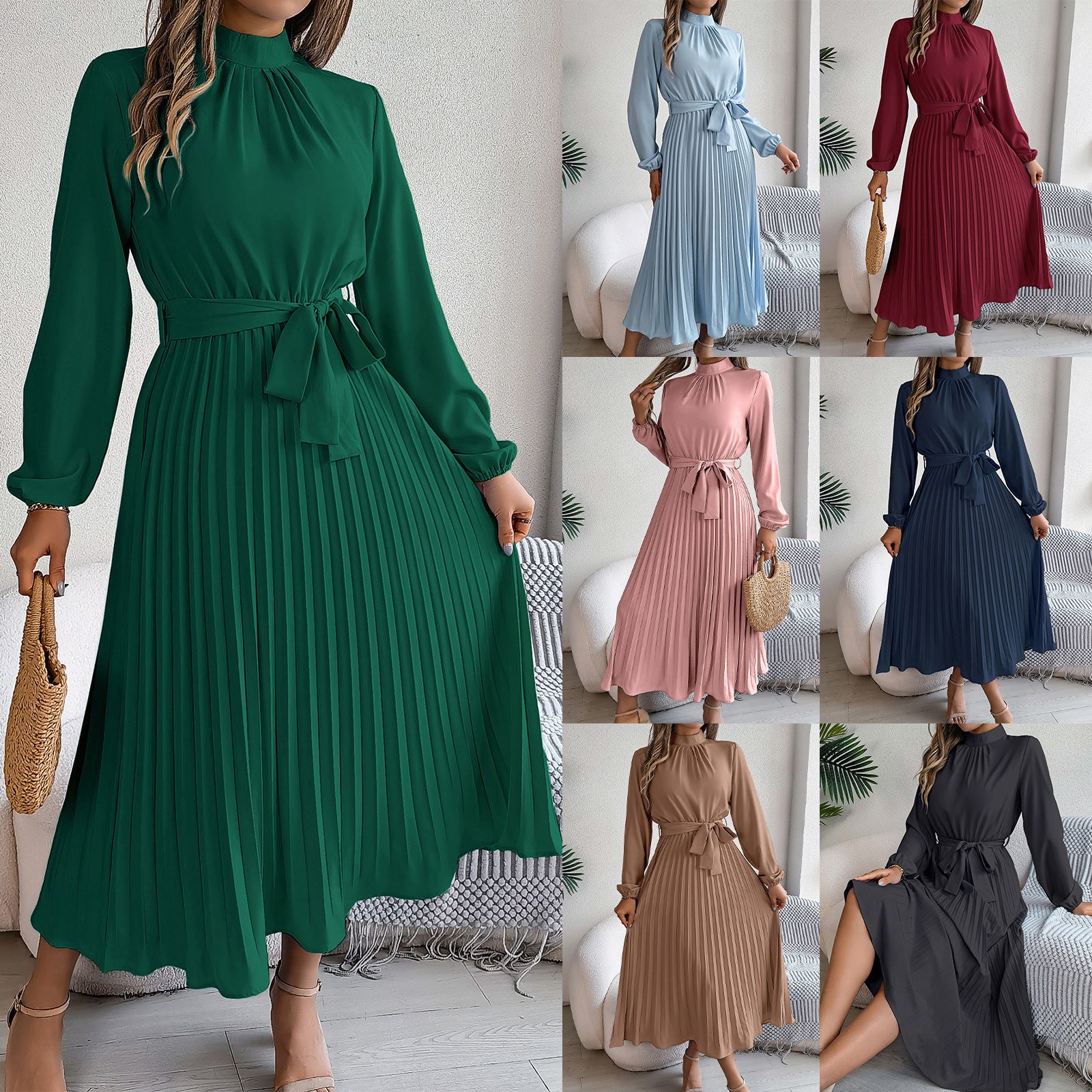 Office Suit Dress Women Elegant African Plus Size A Line Pleated High Waist Plain OL Clothes Work Business Robe Dresses 210510