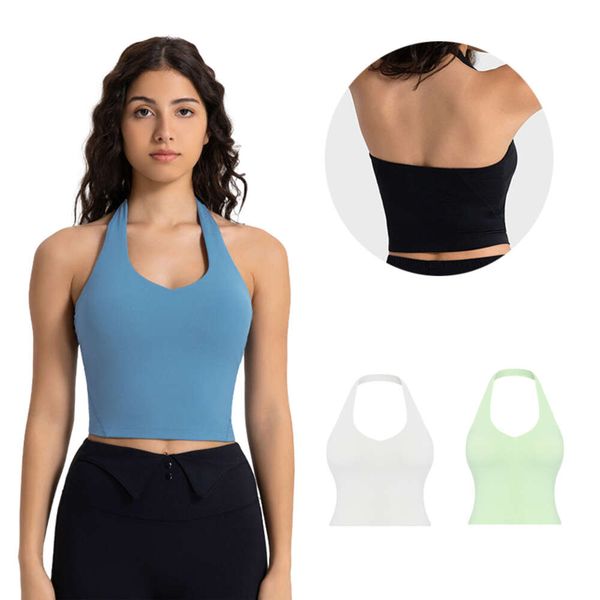 Women Halter Bra Top Yoga Bralette Crop Tanks Workout Sports Bras V Neck with Strap Seamless Padded