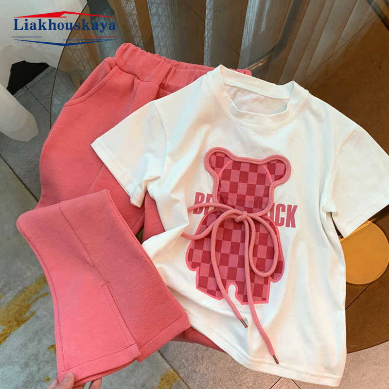 Clothing Sets 2025 Newest Summer Teens Clothes Set New Sport Bear Print Cotton Crop Top T Shirt + Wide Long Pant Suit Korea Child Tracksuit Y250424