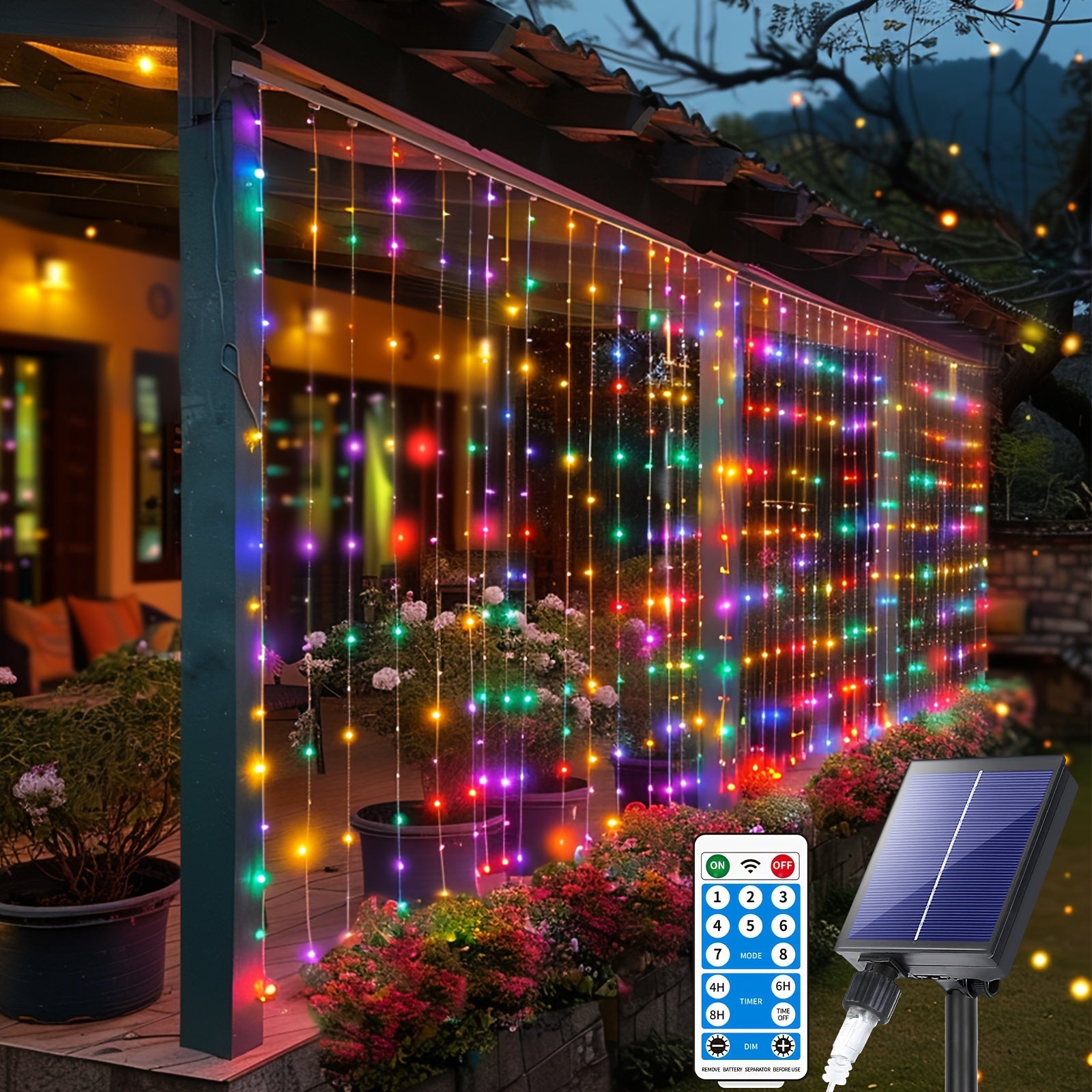 TEMU 300 Led Solar Curtain Lights Outdoor With Control, 8 Lighting & 4 Brightness Levels, String Lights With Type-c Charging, Motion For,, Balcony,