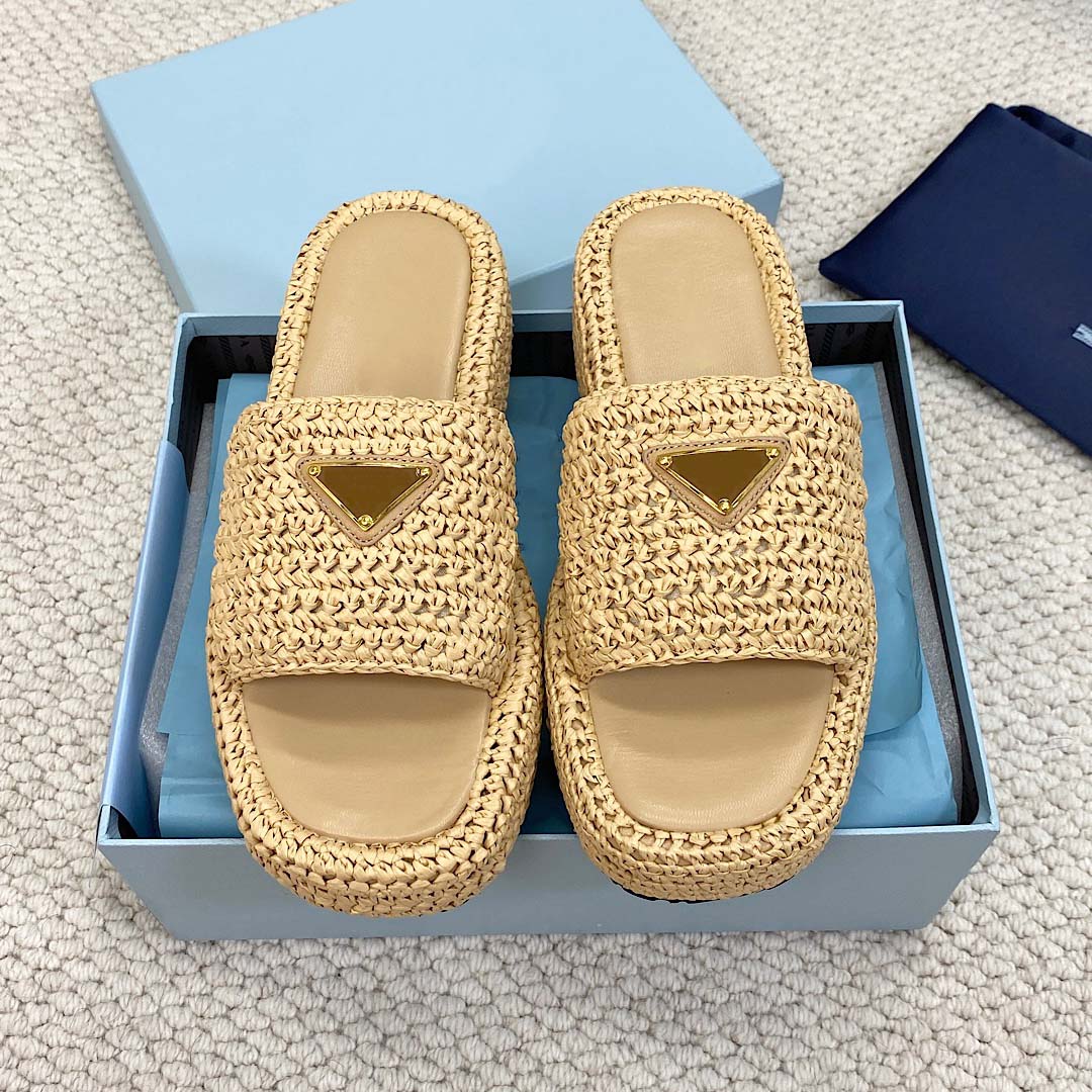 top quality Slippers luxury Designer Casual shoe sandals women men triangle Sliders fashion sandal Raffias Straw weave platform shoes Slide beach po