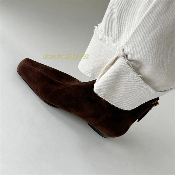 Rear zipper ankle womens boots suede square toe middle boots brown winter autumn runway dress kitten boots 240926