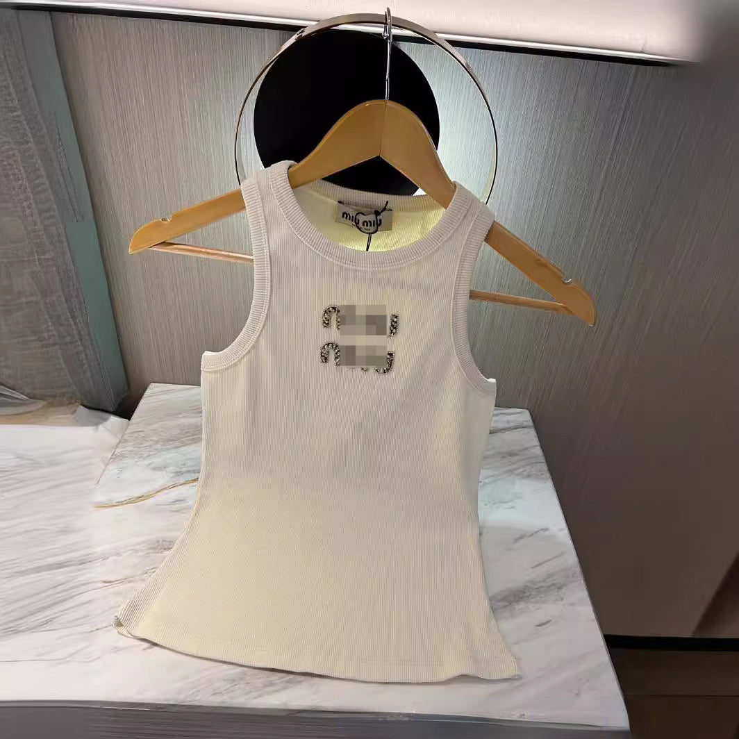 New Apricot Women&#039;s Tanks Fashion Design Girl Heart Cute Diamond Embellished Clothes