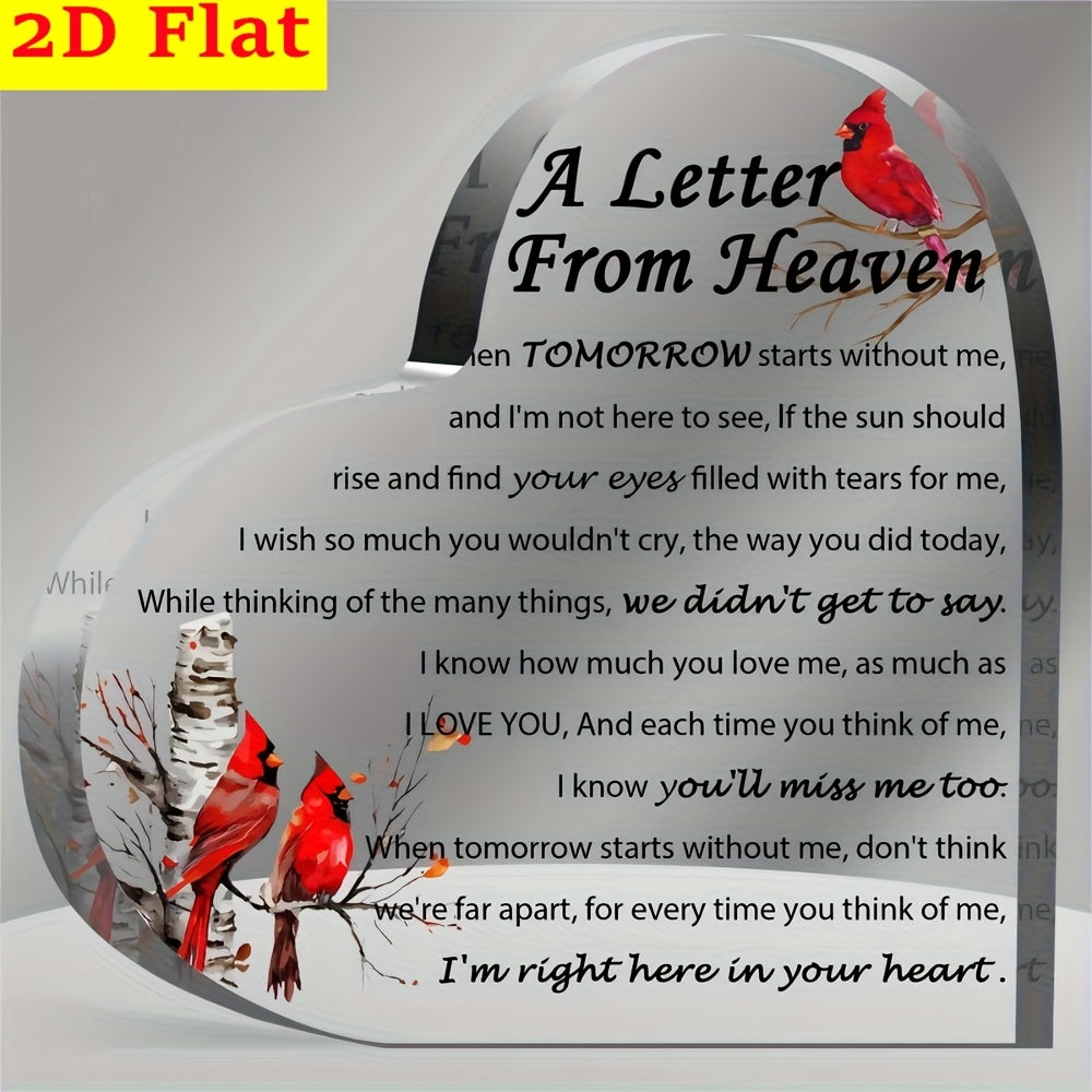 TEMU 2d Flat, Red Bird Memorial Keepsake - Acrylic Heart-shaped Desktop Decor Sympathy Gift With Poem, Remembrance For Loss Of , Mother, Father,