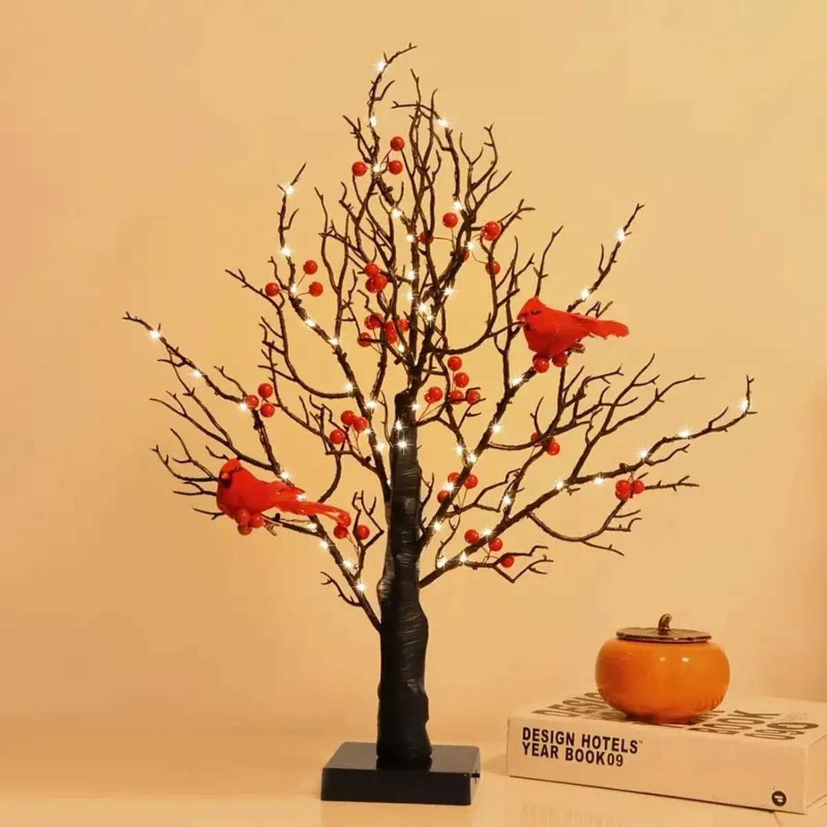 1pc 60 LED Black Artificial Birch Lighting With Red Berry And Bird Parrots Battery Operated Tabletop Mini Artificial Tree Lamp R250723