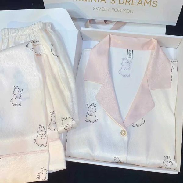 French Elegant Cartoon Rabbit Print Womens Pyjamas Trend Kawaii Fashion Y2k Sleepwear 2024 New Autumn Long Sleeve Pant Home SetC241213