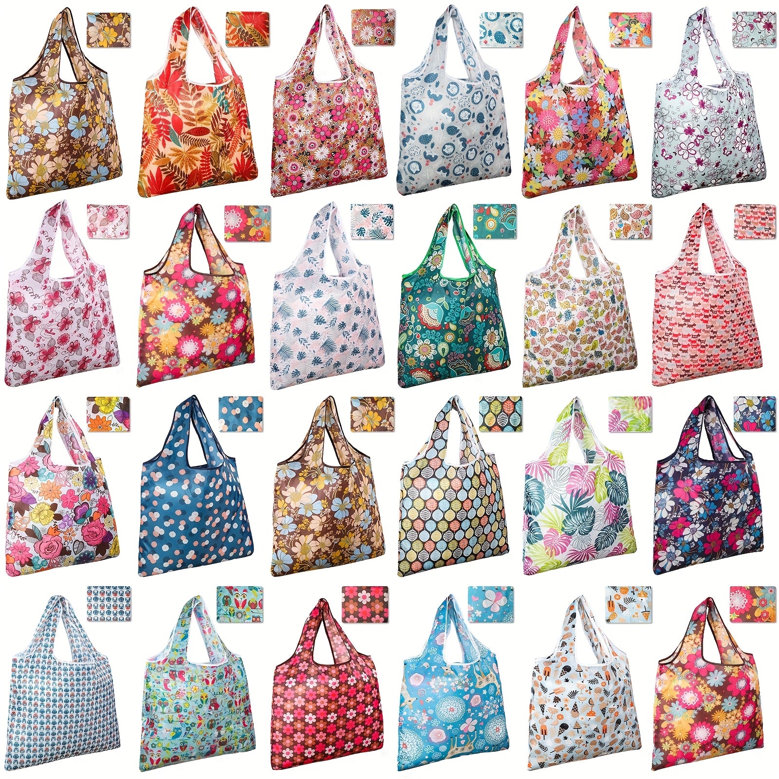 TEMU 24pcs Reusable Grocery Bags - Durable Polyester Foldable Shopping Totes With Vibrant Floral Patterns, Bags For Groceries, Kitchen, Picnics &