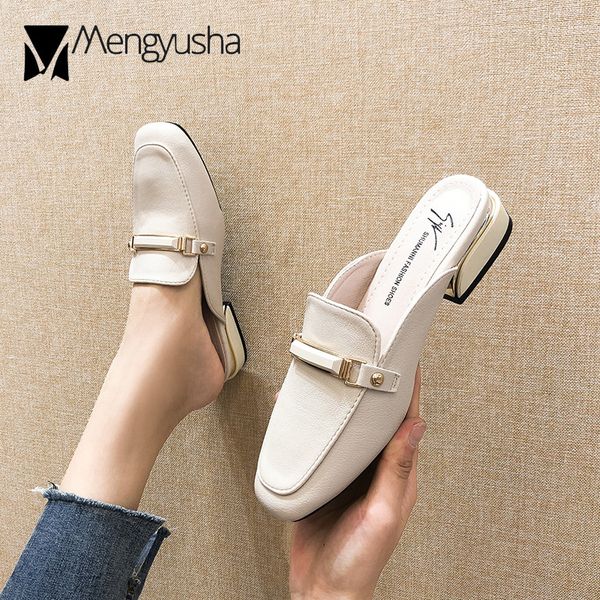 Metal Outside decoration square solid mules women slippers shoes woman sandals cover toe low heel slides femme flipps