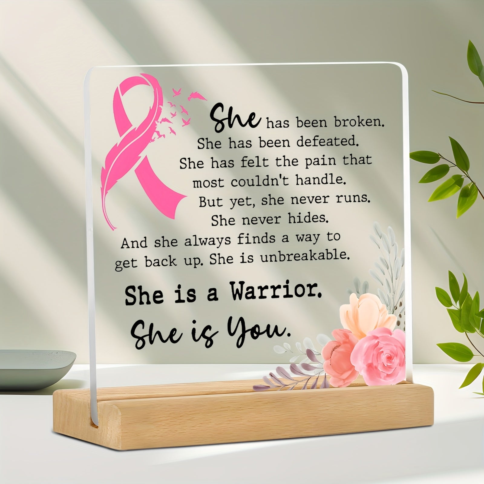 TEMU [2d Flat] 1pc Breast Survivor Gift Transparent Desktop Decorative Sign, Warrior Plaque, Breast Inspirational Gift Sympathy Acrylic Plaque With