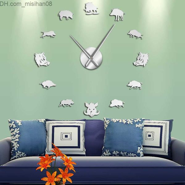 Wall Clocks Sus Scrofa Wild Boar Figures Wall Art Mirror Stickers DIY Giant Wall Clock Wild Pig Large Hanging Clock Wall Watch Hunter Gifts