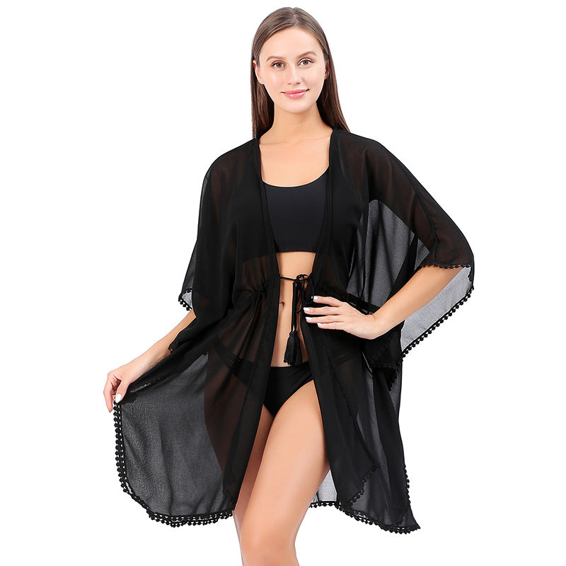 K600 European and American beach style cardigan solid color chiffon with small lace belt cardigan bikini cover-up sun protection clothing ST006