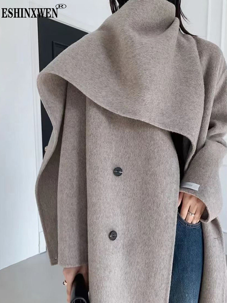 Eshin 2024 Autumn And Winter New Shawl Scarf Collar Double-Breasted Solid Color Women&#039;s Double-Sided Woolen Belt Coats Th5394