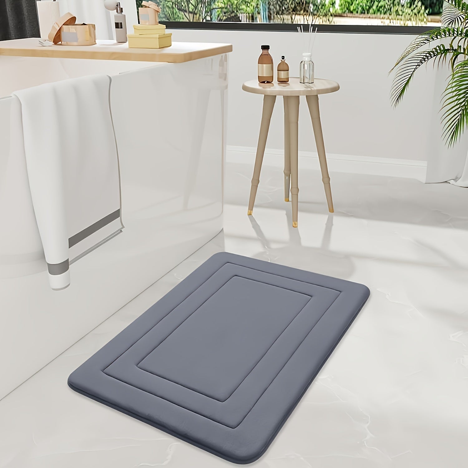 TEMU 1pc Geometric Pattern Sponge Soft Bath Mat, Non Slip Polyester Bath Blanket, Pvc Backing, Machine Manufacturing, Rectangular, Non- Weaving,