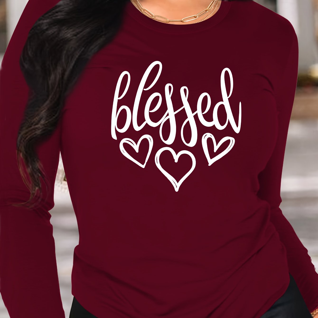 TEMU Women's Casual Long Sleeve Crew Neck T-shirt - Blessed & Hearts Print Maroon Top, Medium Washable Spring-fall Casual Attire, Ladies T Shirts,