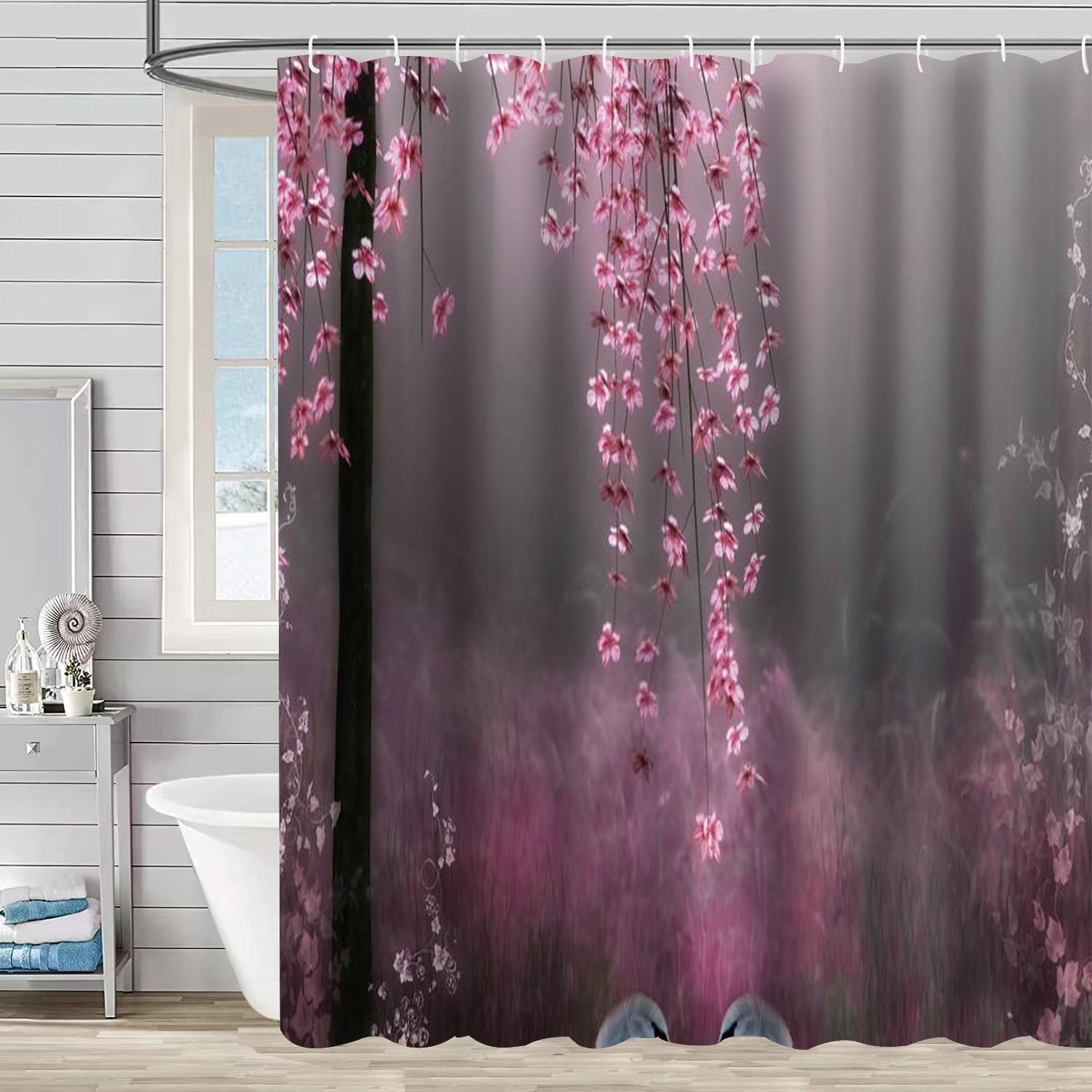 YL-37141 digital shower curtain cross-border plant flower waterproof polyester bathroom four-piece set dry and wet separation moisture-proof