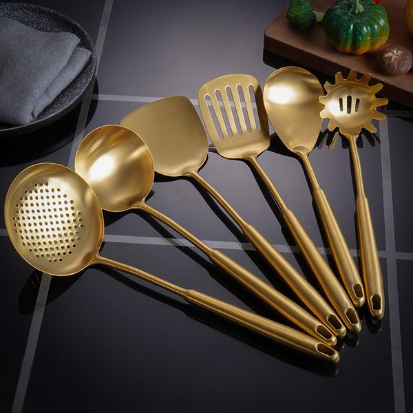 Kitchen Cookware Set of Six - Gold-Coated Stainless Steel Steak Fryer, Soup Ladle, Tongs, and More
