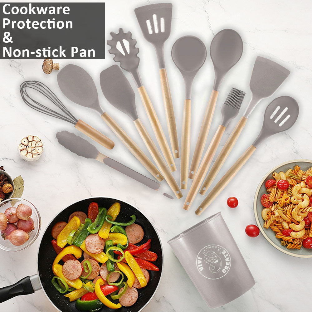 TEMU 12pcs Silicone Kitchen Utensil Set With Wooden Handles - Safe And Easy To Clean - Cooking And Baking - Ideal For Back To School And Dorm