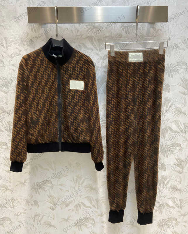 Womens Two Piece Pants Velour Branded Casual Tracksuits Double F Print Stand-up Collar Zipper Jacket Collocation Elastic Waist Bunch Of Foot Trouser