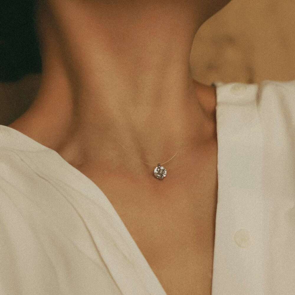 DHCollections 26 Inch Invisible Fish Line Moissanite Pendant Necklace 925 Sterling Silver Round Cut VVS1 Diamond Simulated Jewellery for Engagement