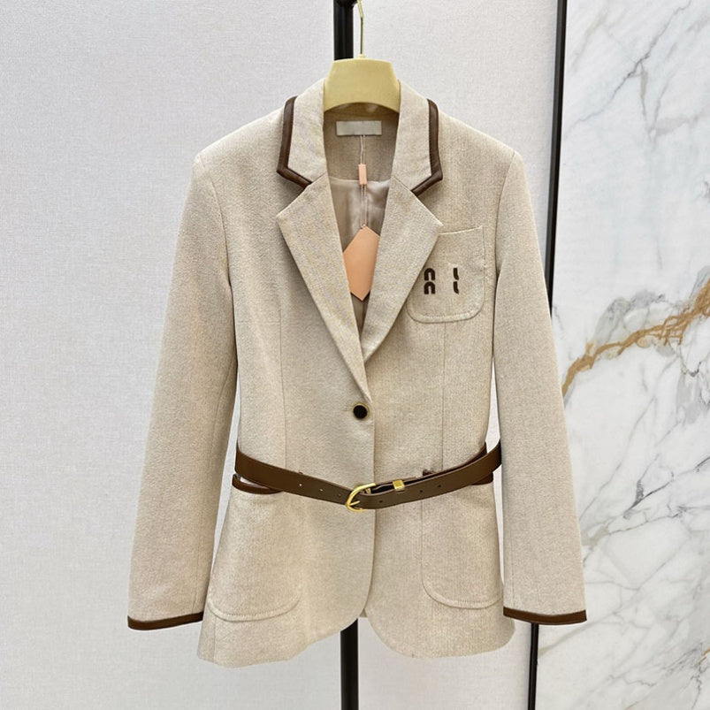 Designer Women Blazers Khaki Single Breasted Lapel Suit Jacket With Belt Luxury OL Elegant Slimfit Blazer Coat