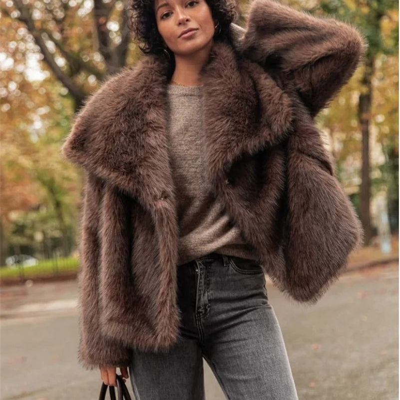 Brown Big Collar Thick Warm Faux Fur Coat Women Fashion Long Sleeves Loose Furry Short Jackets Autumn Winter Lady 241206