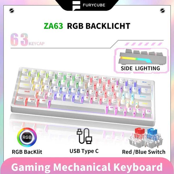 FURYCUBE ZA63 60% 63 Keys Mini Gaming Mechanical Keyboard Hot Swappable Red Blue Switch TYPE-C Wired RGB Backlit for ComputerM240715