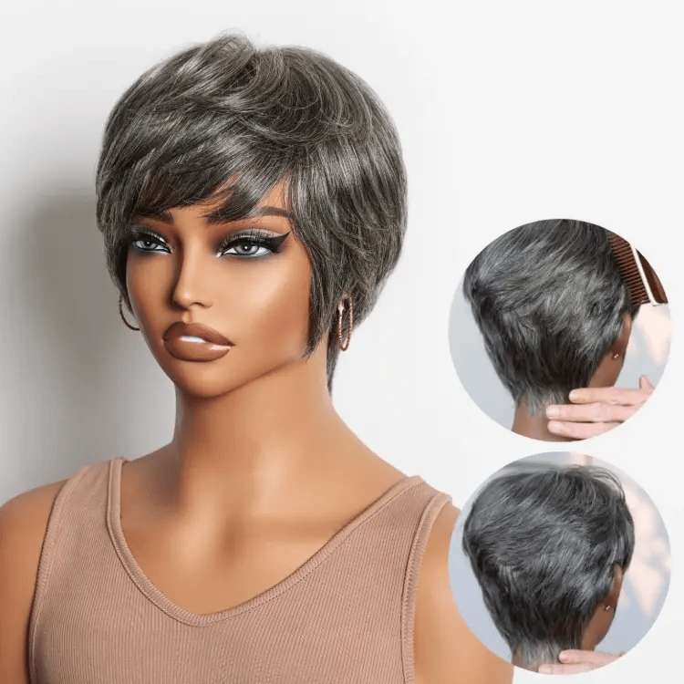 Salt & Pepper 100% Human Hair Short Pixie Cut Glueless Wig with Bangs Ultra Comfort Cotton Cap Hair Loss Friendly