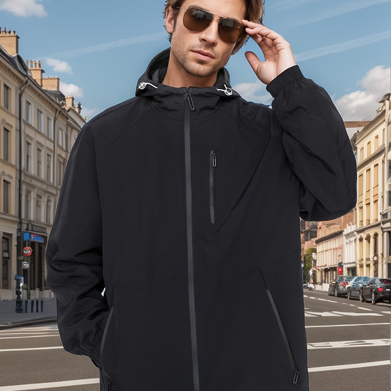 TEMU Men's Hooded Windbreaker Jacket - Lightweight Coat With Full-zip Front, Hooded Collar, Multiple Zippered Pockets - Loose Fit Outerwear For Urban