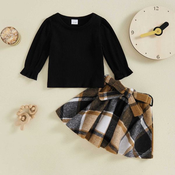 Fashion Toddler Baby Girl 3Pcs Ribbed Sweater Suit Cute Long Sle Plover with Plaid Print A-Line Skirt Belt Kid Clothing Set Z250112