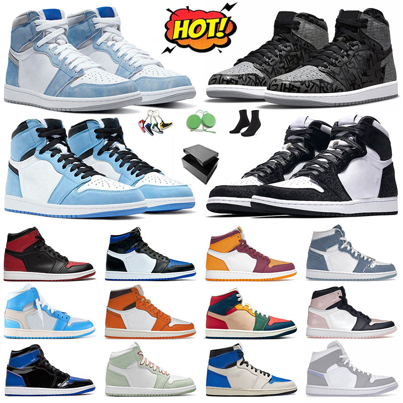 With box mens womens basketball shoe jmpman 1 1s Multi Color Patent Royal Blue Hyper University Blue Denim Bubble GumHigh OG Dark Mocha designer spo
