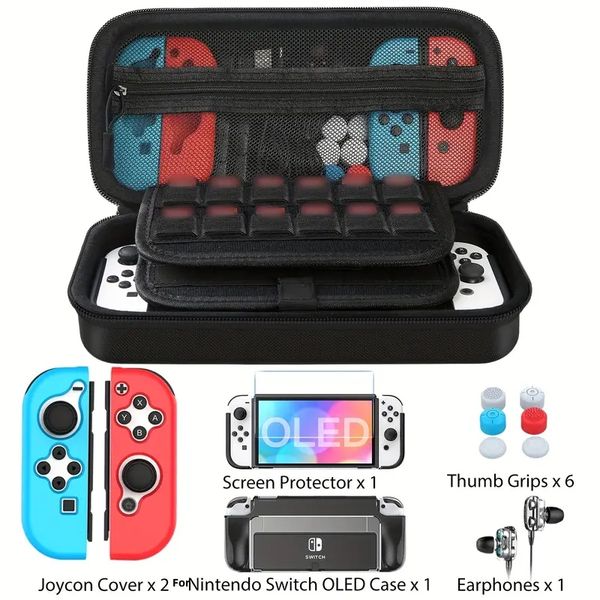 For Switch OLED Case 12 Piece Set, Red And Blue Grip Protection Case+Tempered Film+6 Keycaps+for Switch OLED Protection Case+Headphones+Larg