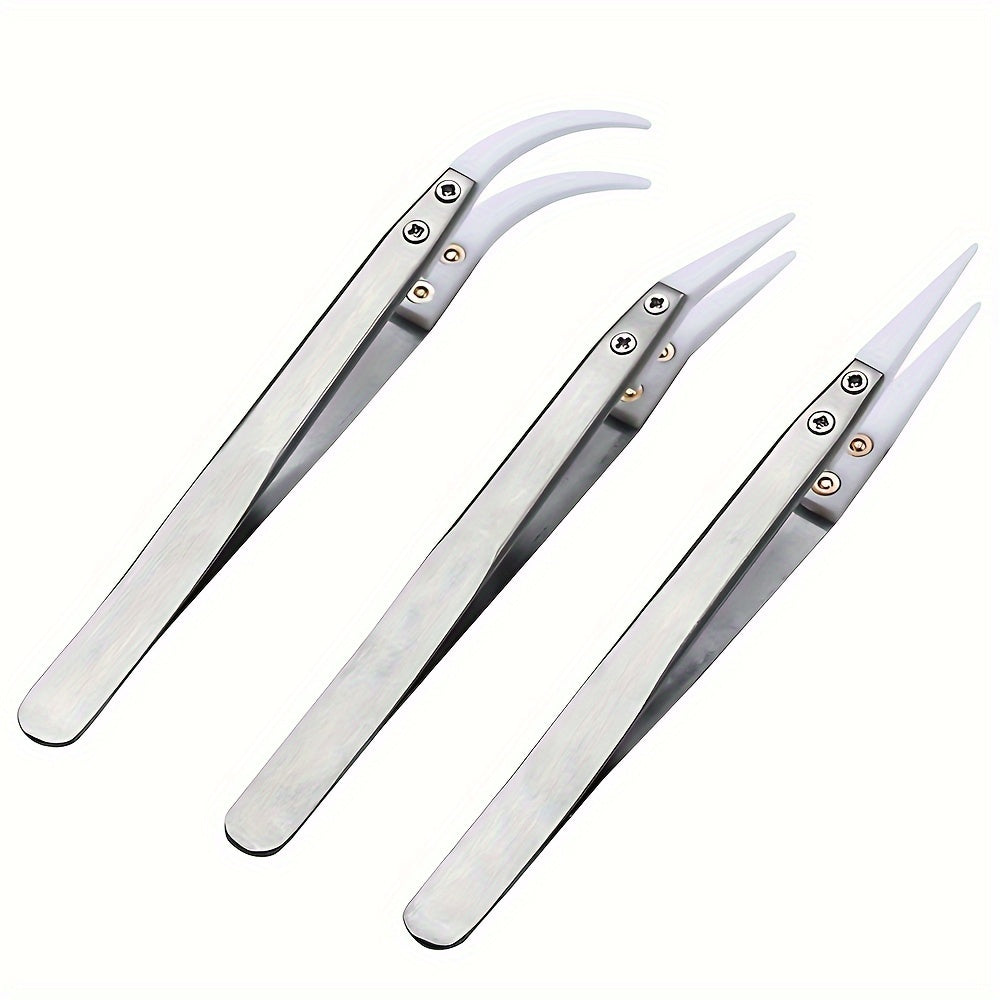 TEMU 3pcs Ceramic Tweezers, Heat Resistant Non Conductive Stainless Steel Body, Multifunction Hand Tools Kits