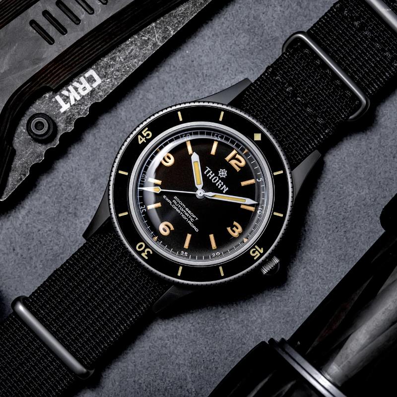 Wristwatches Thorn 40mm Black Dial Stainless Steel Sandblast K9 Bubble Glass Ceramic Bezel NH35 Automatic Movement Men&#039;s Retro Diver Watch