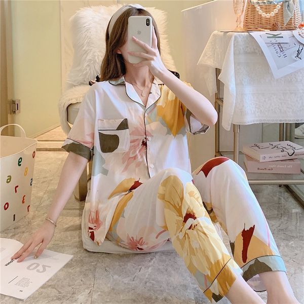 Women&#039;s Sleepwear Cotton Silk Pajamas Women&#039;s Thin Cartoon Printed Cardigan Short Sleeve Trousers Two-piece Suit Spring And Autumn