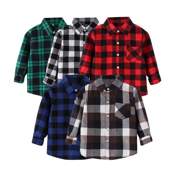 Childrens boys flannel plain shirt collar button up top baby boys and girls Y2k style long sleeved shirtW240729