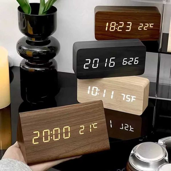 Alarm clock with temperature bedside table wooden table decoration wake-up table alarm clock with digital clock light Y250111