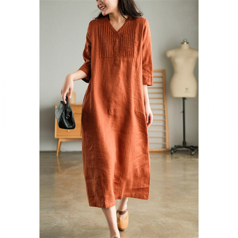 284 Summer cotton and linen mid-sleeve fashionable dress with stylish and youthful look, casual V-neck, thin and knee-length accordion pleated long