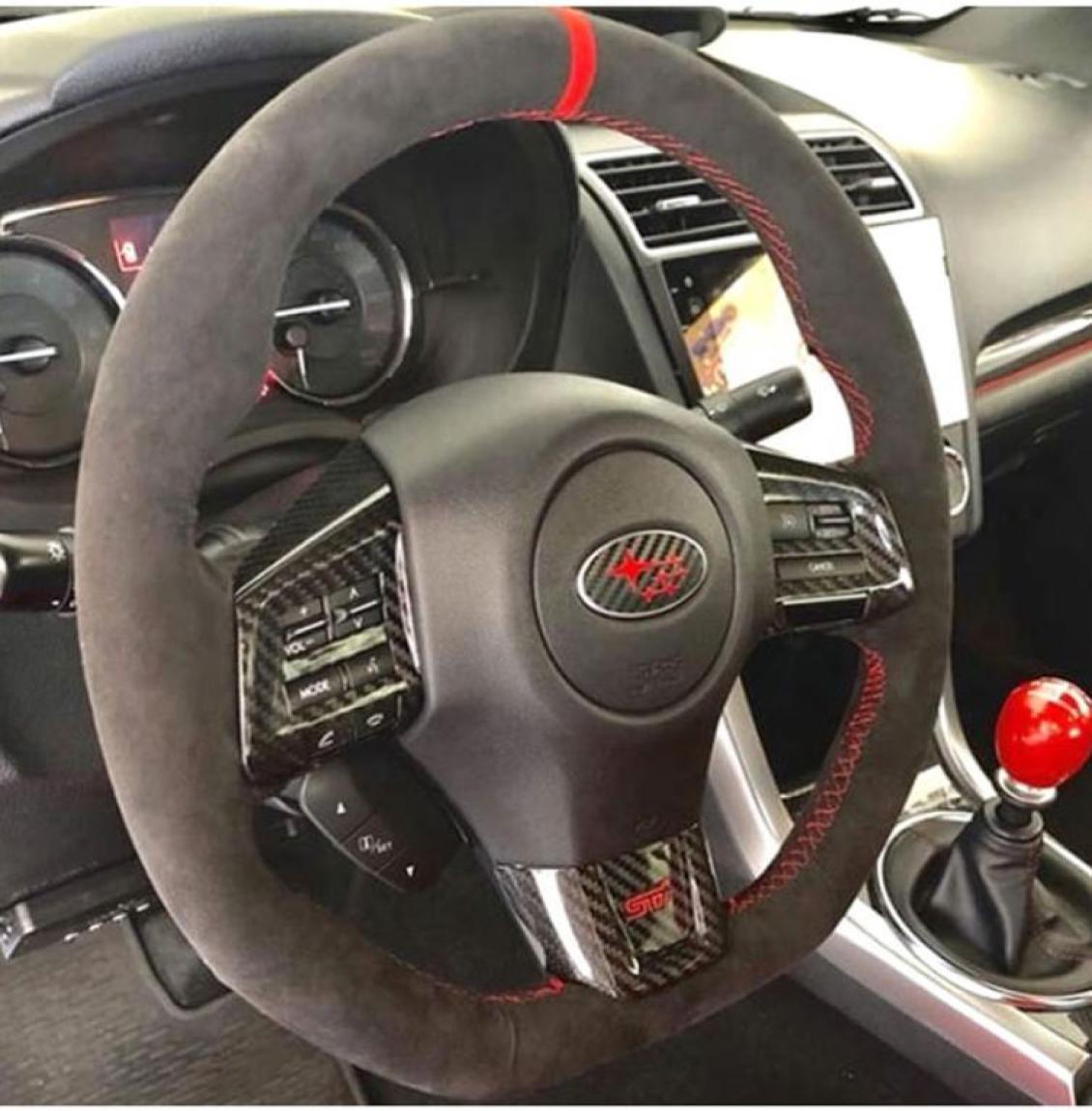 Handstitched Black Suede Leather Red Stitching Car Steering Wheel Cover For Subaru WRX STI 201520206513976