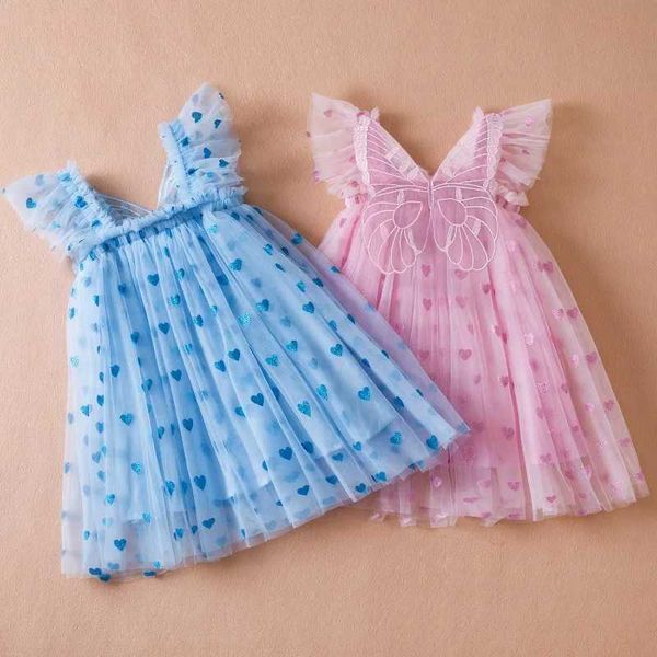 New Arrival Kids Dress Summer Baby Gauze Sweet Heart Print Princess Dress Sleeveless 3D Angel Wings Fairy Dress Pink Kids Clothes Girls T250